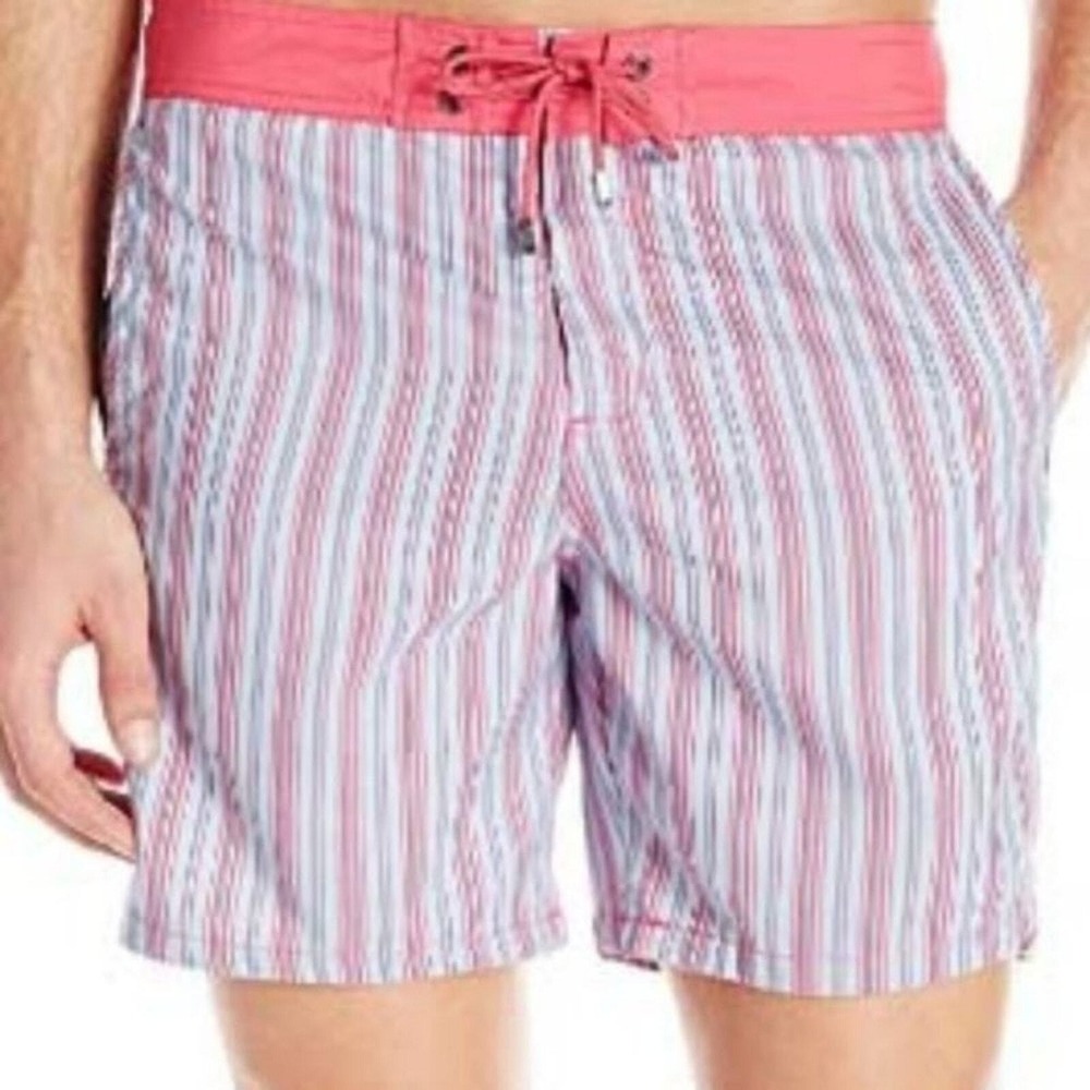Mr Swim Shorts Mens 36 Pink Blue Pinstripe Drawstring Board Trunks‎ NWT Summer